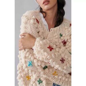 Anthropologie Cream Chunky Knit Cardigan with Multicolor Embroidery